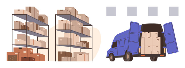 Fototapeta na wymiar Warehouse racks filled with boxes next to a delivery van loaded with packages. Ideal for logistics, storage, transportation, supply chain, e-commerce, inventory, delivery. Simple flat metaphor