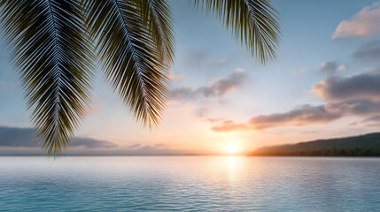 Tropical sunset over calm ocean waters, with palm leaves framing the scene, creating a serene atmosphere and inviting tranquility for relaxation and escape