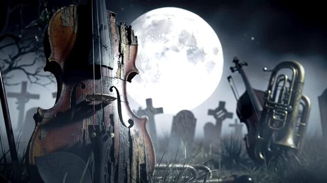 Haunted Melody A Spooky Symphony of Decaying Instruments in a Moonlit Graveyard