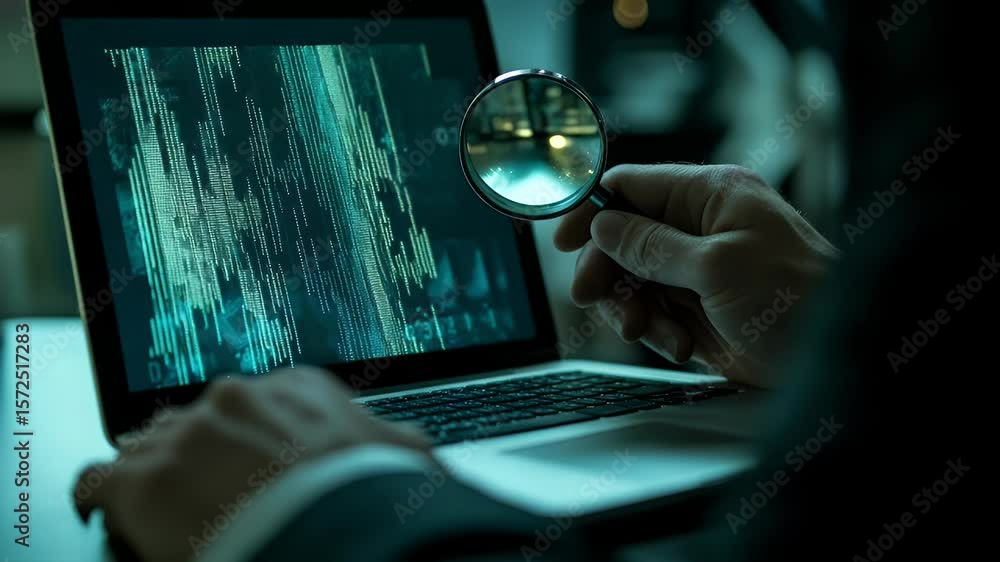 Poster person using a magnifying glass to examine a laptop screen displaying code