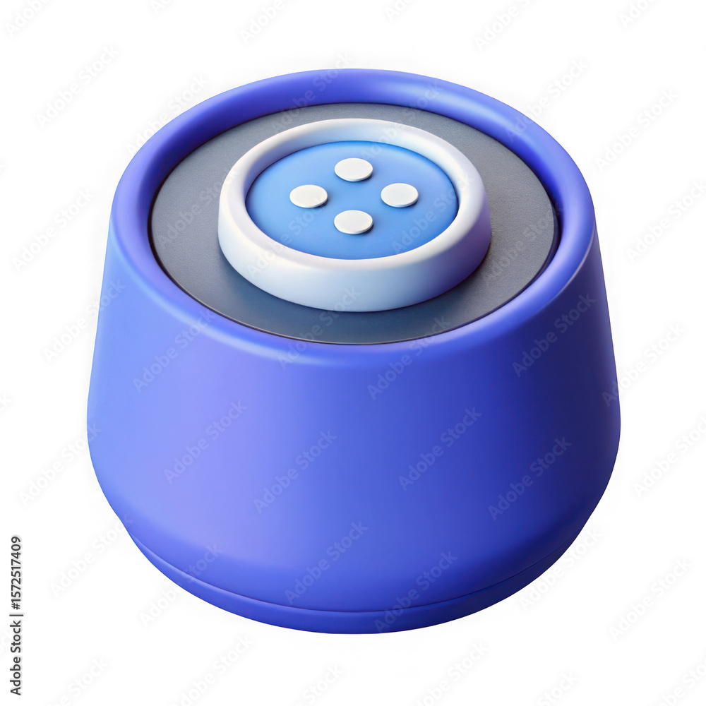 Poster modern blue smart speaker with four white circular buttons on a textured gray surface isolated on tr