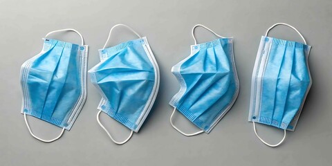 Four blue disposable medical face masks with elastic ear loops arranged on a gray background