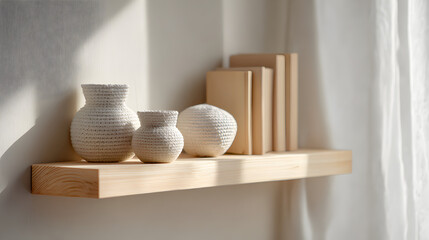 Minimalist shelf display featuring three textured ceramic vases and wooden books, illuminated by soft natural light, creating a serene and stylish home decor atmosphere
