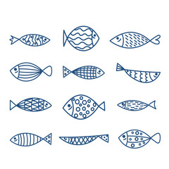 Fish. Coloring. Set. Cute line illustration.