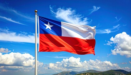 Chilean flag waving proudly against a clear blue sky with scattered clouds