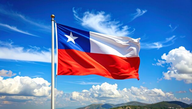 Chilean flag waving proudly against a clear blue sky with scattered clouds