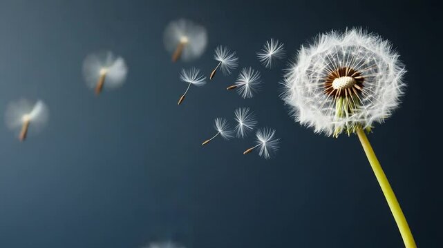 Dandelion seed dispersal on solid color background botany and natural growth