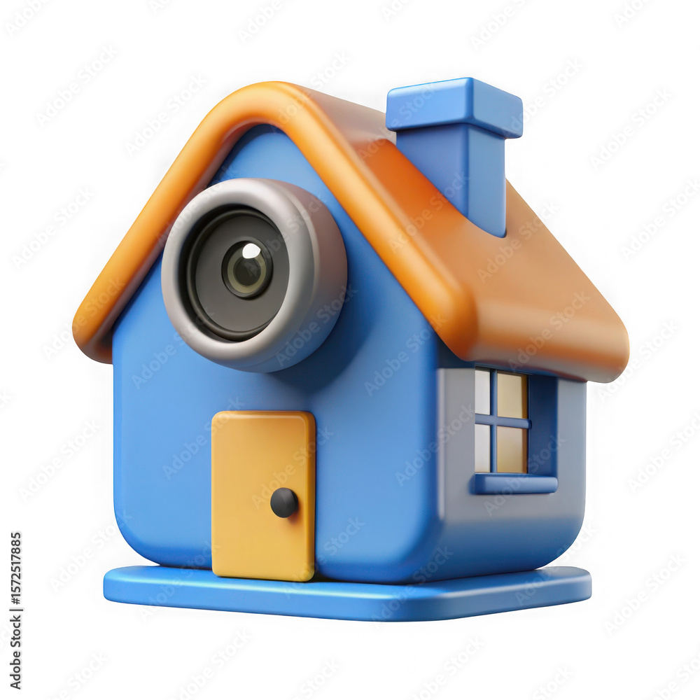 Poster stylized cartoon house with a security camera lens instead of a window isolated on transparent backg