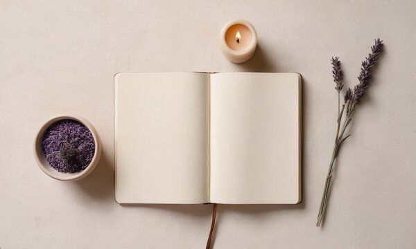 An open notebook with lavender and a candle, symbolizing relaxation and mindfulness in a serene setting, perfect for journaling