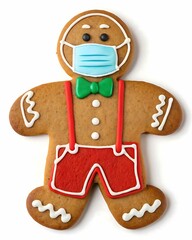 Obraz premium Gingerbread man wearing a blue medical face mask and red suspenders