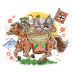 干支の午（馬）に乗った七福神の手描きイラスト　背景あり　年号なし