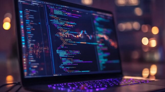 Futuristic laptop display featuring advanced coding concepts and digital processing technologies. - Powered by Adobe