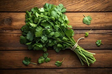Fresh bunch of cilantro herb tied with twine on a rustic wooden table