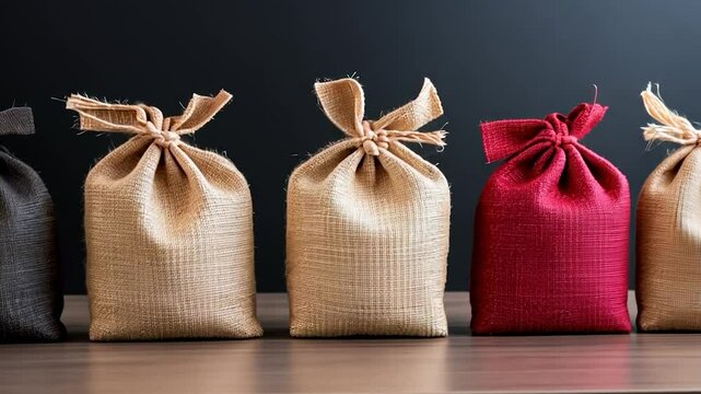 Studio shot of small burlap sacks in row various colors dark background