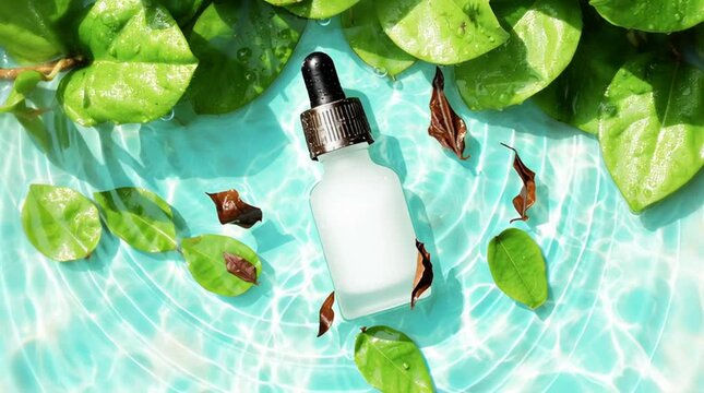 Serene Essence: A bottle of elixir rests peacefully amidst a pool of tranquil, rippling water and fresh leaves. This composition evokes a sense of purity and natural serenity.