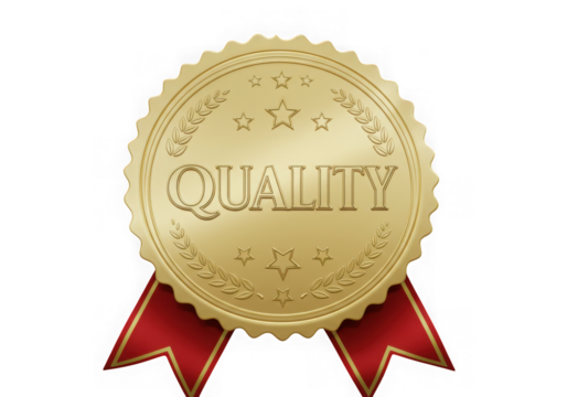 Golden quality badge with red ribbon isolated on transparent background - Powered by Adobe