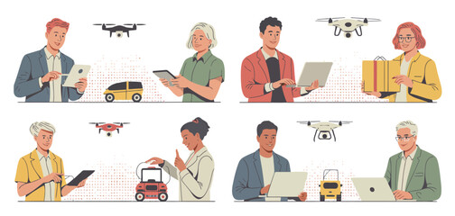 Diverse People Using Technology with Drones and Delivery