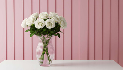 White rose vase decoration in front of pink panel wall