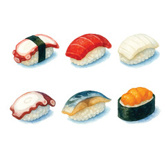 Watercolor Sushi Set Vol. 3—Tako, Tuna, Ika, Saba, and Uni. Vector Illustration. Design Element. Clip art. Suitable for artwork design.