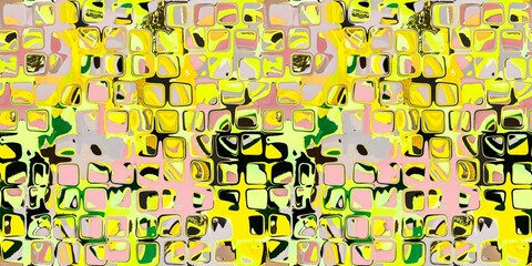 Abstract blotched random mosaic shape square seamless border pattern. Dense grungy mottled effect fabric texture design with tileable banner print. For speckled impressionism style ribbon trim edge.