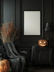 Halloween-themed poster mockup with candlelight, dark rustic wall, and moody autumn decor setting.