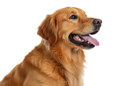 A beautiful adult golden retriever with golden fur, chest-up, panting with pink tongue, looking right, on a transparent isolated background with copy space, bright studio light, happy pet concept for