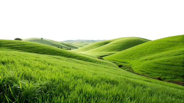 Rolling green hills under a bright sky with fluffy clouds isolated on transparent background