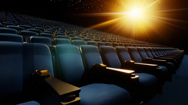 Rows of empty theater seats illuminated by bright stage light create a serene atmosphere in a cinema at night