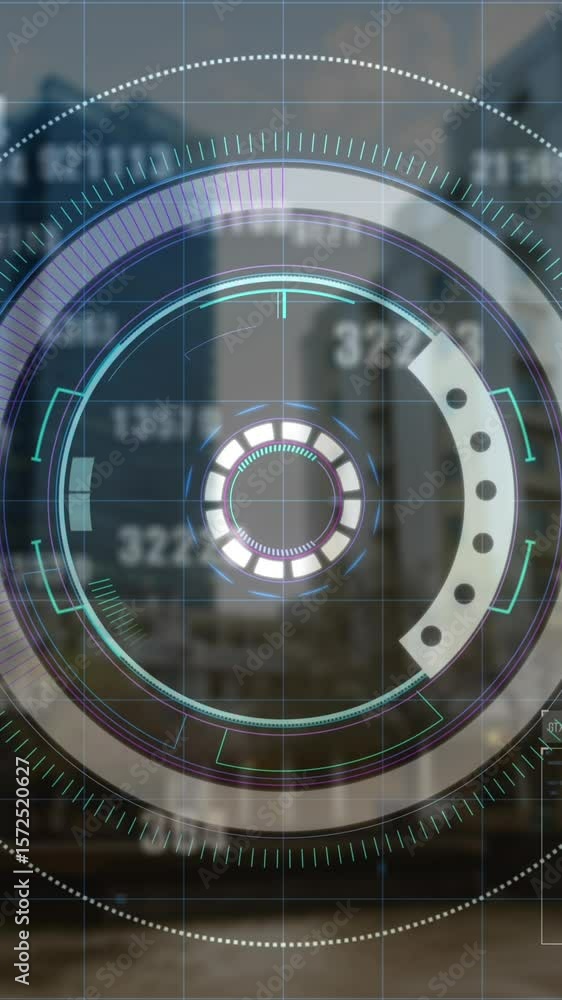 Poster round scanner and multiple changing numbers against tall buildings in background
