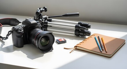 Minimalist Photography Workspace with Camera, Tripod, and Sketchbook on White Desk