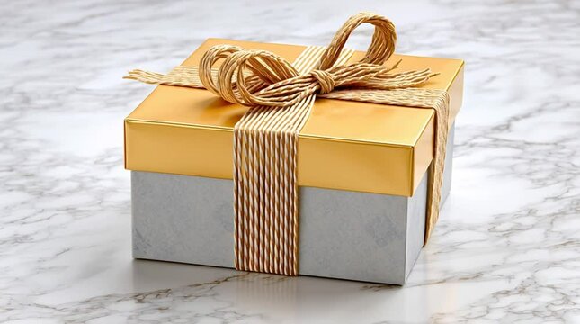 Golden Gift Box with a Natural Bow: A beautifully presented gift box, featuring a gold top and silver base, adorned with a rustic twine bow, evoking feelings of celebration and appreciation.