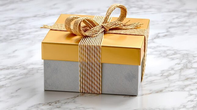 Gleaming Gift: a gift box gleams with gold and silver accents, adorned with a rustic twine bow, sitting atop a marble surface. The elegance evokes feelings of anticipation.