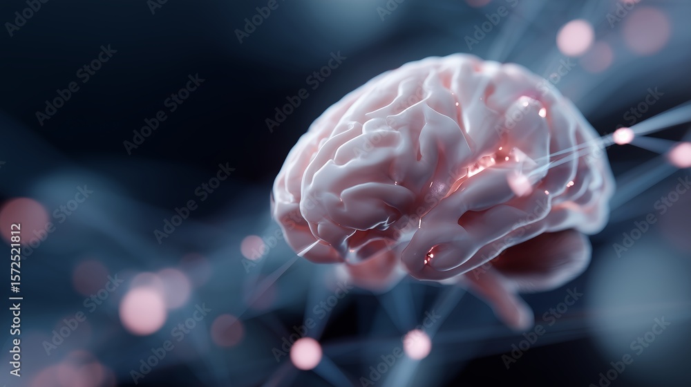 Poster visualization of a brain with neural connections represented by glowing nodes in a dark setting, sho