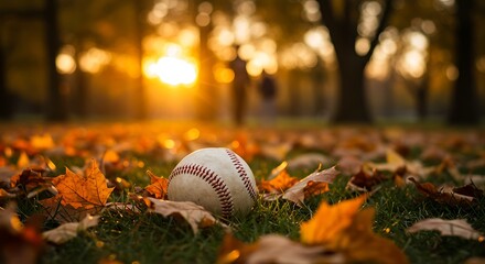 Baseball resting on grass surrounded by fallen autumn leaves during golden hour sport