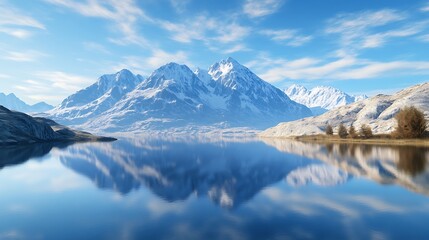 Fototapeta premium Snowy mountains reflected in glassy water of peaceful lake high resolution picture