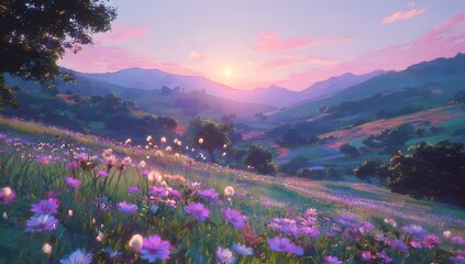 Obraz premium Serene Morning Light over Blooming Valley Scenery