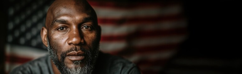 Obraz premium Contemplative American Man Portrait with Flag Background, Copy Space.