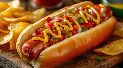 A hot dog with a sausage in a soft bun. The sausage is covered with thick tomato sauce and garnished with pickled onions, mustard, and fresh herbs. Crispy chips are placed around the sausage.