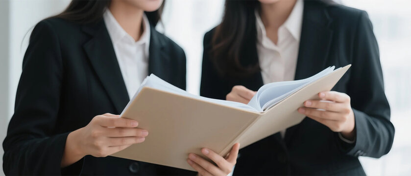 Business report concept with businesswomen opening files to read operating results and analyse data,dicuss finance data