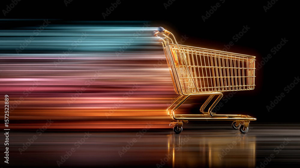 Aufkleber an empty metal shopping cart that appears to be moving at high speed, creating a blurred effect and 