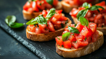 Crispy toasts decorated with fresh cherry tomatoes and basil. A summer dish perfect for a light breakfast or snack.
