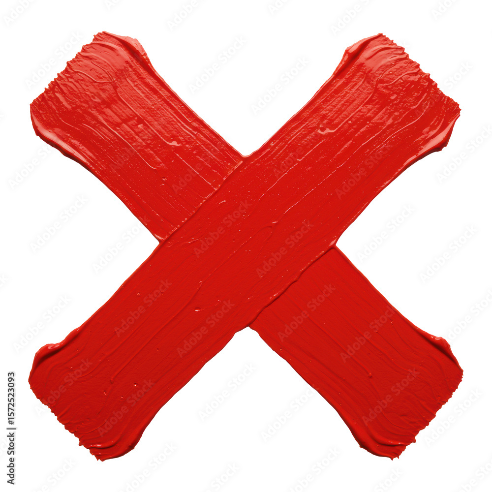 Poster vibrant bold red hand-painted 'x' mark with rough textured edges and distinct contours, isolated on 