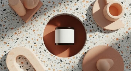 Cosmetic product mockup on terrazzo background with blank label for branding. Top view for beauty and health.