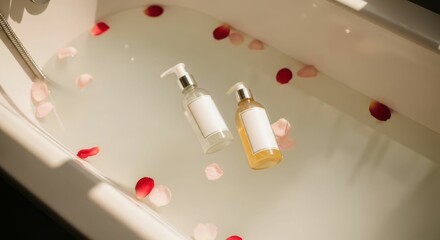 Two cosmetic product bottles in bathtub with rose petals. Natural beauty care and relaxation concept for wellness mock up.