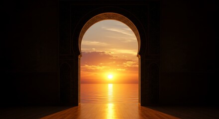 Fototapeta premium Ornate archway framing a vibrant sunset over a calm ocean reflecting golden light doorway