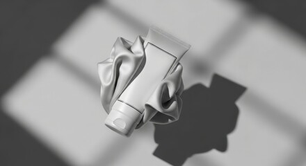 Cosmetic product tube mockup in white, placed on draped fabric. Minimalist beauty or health product display with natural shadows.