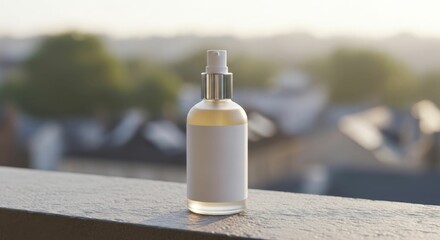 Cosmetic product package spray bottle for organic beauty liquid or perfume with blank label for text. Health and self care.