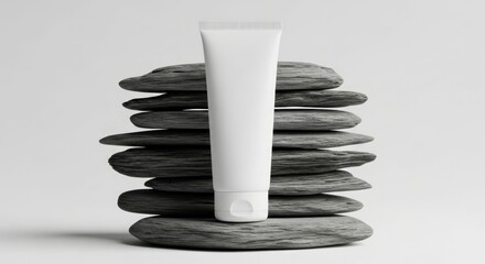 White cosmetic cream tube mockup on stacked balance stones. Face or body care product container on zen rocks for spa natural beauty concept.