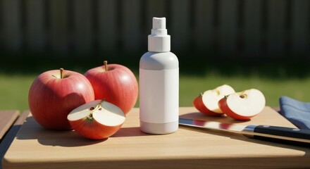 White beauty spray bottle mockup with fresh red apples on wood board. Natural organic cosmetic product for health and beauty.