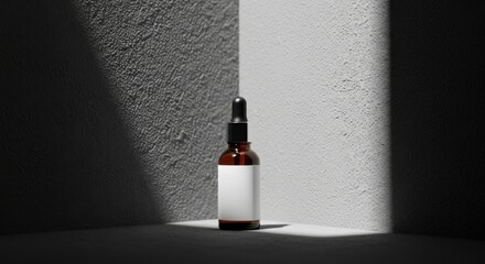 An amber dropper bottle with clear label for product mockup, placed in a corner with natural light and shadow.